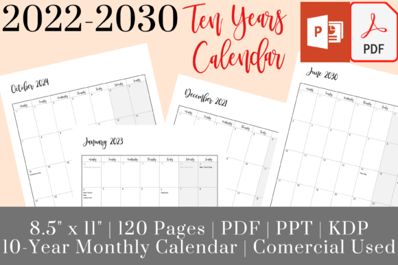 Download 10 Years Calendar, 2022-2030 Monthly KDP - Kdp Collection
