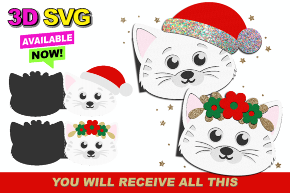 Download Cute Cat Christmas Card 3D SVG - Christmas card Collection